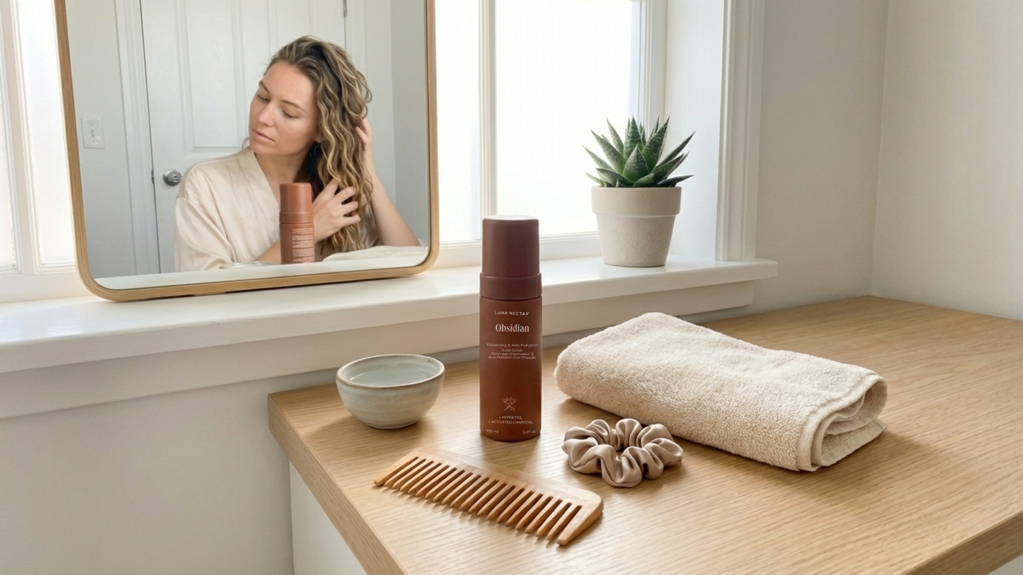 Woman with wavy hair using Luna Nectar Obsidian protein treatment as part of a gentle nighttime hair care routine