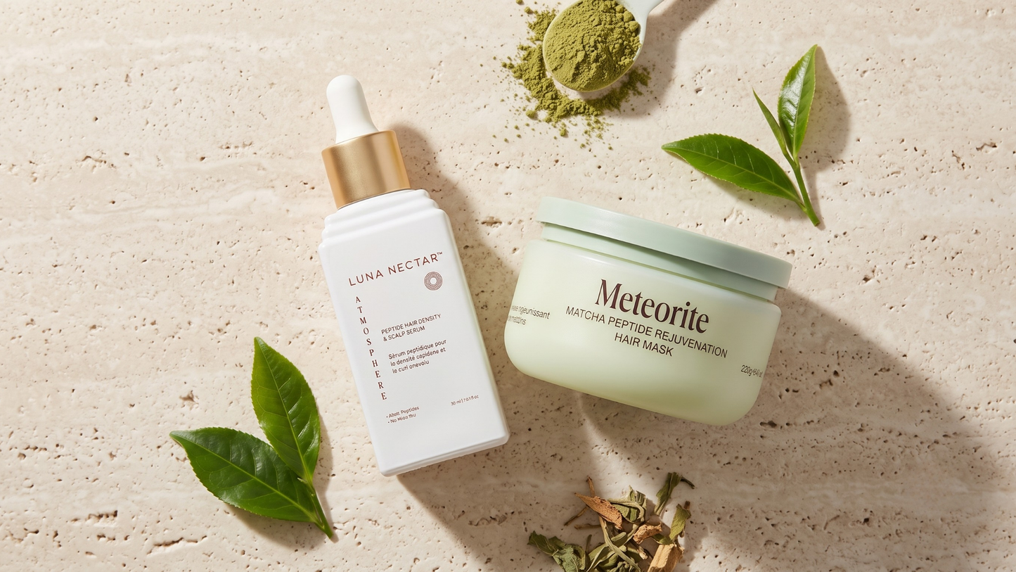 Luna Nectar Atmosphere Multi-Peptide Hair Density & Scalp Serum and Meteorite Matcha Peptide Hair Mask featuring peptide technology