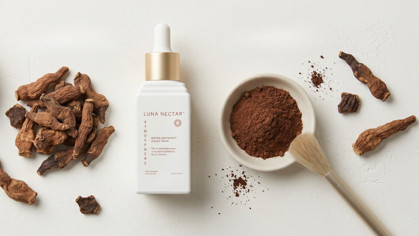 collection of traditional Chinese herbs including He Shou Wu used in holistic haircare routines